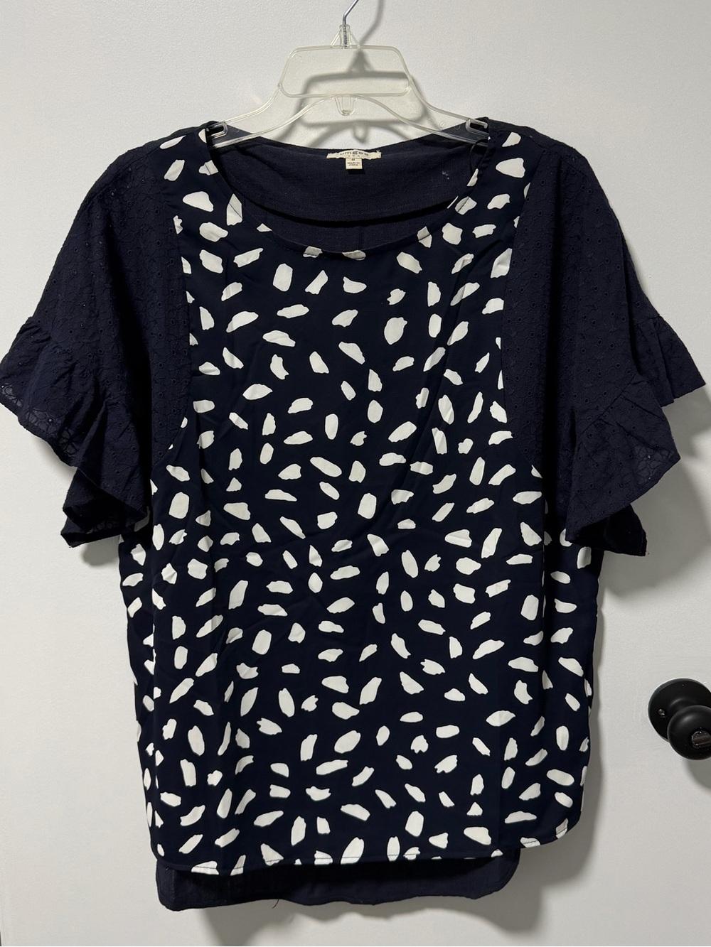 Umgee Patterned Navy Shirt with Ruffled Lace Sleeves | Size Medium